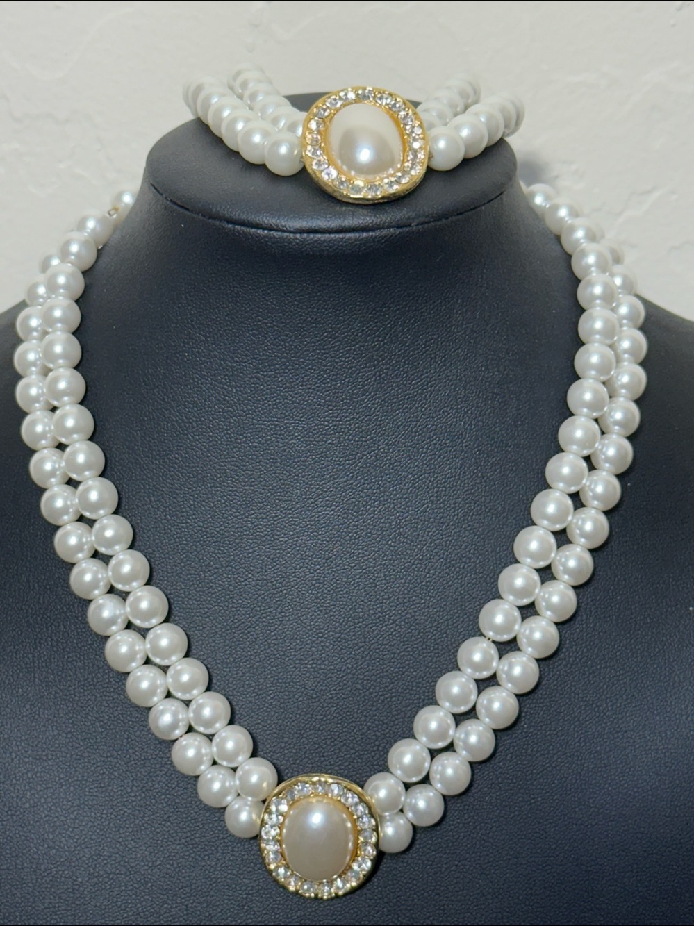 Double Strand Simulated Pearl Necklace & Bracelet Set Gold Tone Box Clasp
